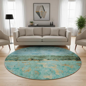 HomeRoots 8' Teal Gold Olive Green Abstract Washable Round Rug - Durable, UV-Protected, Stain-Resistant Design! 698074