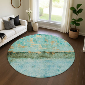 HomeRoots 8' Teal Gold Olive Green Abstract Washable Round Rug - Durable, UV-Protected, Stain-Resistant Design! 698074