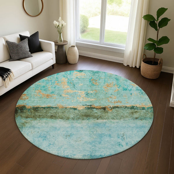 HomeRoots 8' Teal Gold Olive Green Abstract Washable Round Rug - Durable, UV-Protected, Stain-Resistant Design! 698074