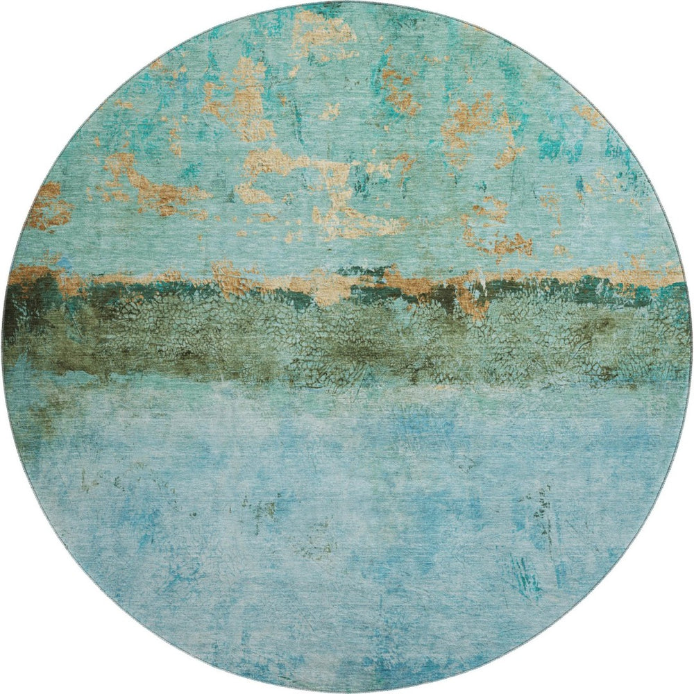 HomeRoots 8' Teal Gold Olive Green Abstract Washable Round Rug - Durable, UV-Protected, Stain-Resistant Design! 698074