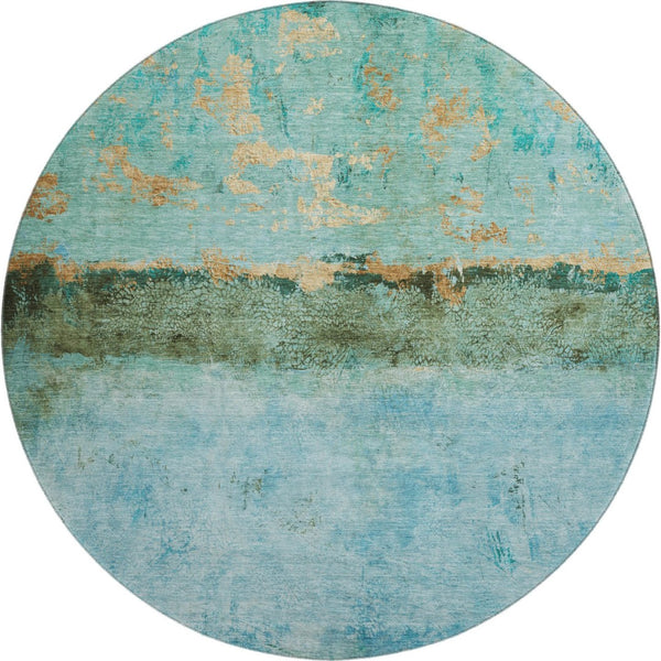 HomeRoots 8' Teal Gold Olive Green Abstract Washable Round Rug - Durable, UV-Protected, Stain-Resistant Design! 698074