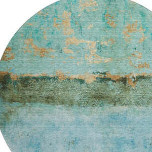 HomeRoots 8' Teal Gold Olive Green Abstract Washable Round Rug - Durable, UV-Protected, Stain-Resistant Design! 698074
