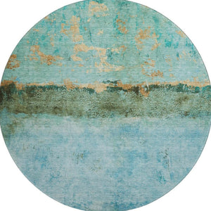 HomeRoots 8' Teal Gold Olive Green Abstract Washable Round Rug - Durable, UV-Protected, Stain-Resistant Design! 698074