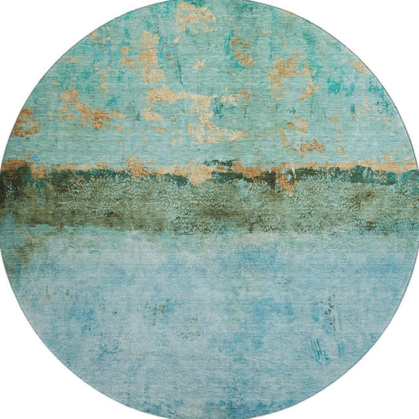 HomeRoots 8' Teal Gold Olive Green Abstract Washable Round Rug - Durable, UV-Protected, Stain-Resistant Design! 698074