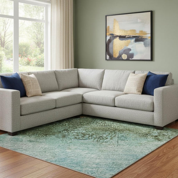 HomeRoots 8' X 10' Abstract Washable Area Rug in Teal, Gold & Olive Green - UV Protected, Durable & Stylish 698075