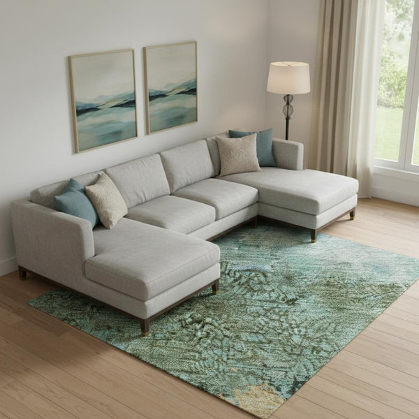 HomeRoots 9' X 12' Teal Gold Olive Green Abstract Washable Area Rug - UV Protected, Kid & Pet-Friendly Design 698076