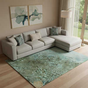 HomeRoots 10' X 14' Teal, Gold, & Olive Green Abstract Area Rug - Washable, UV Protected, & Stain Resistant! 698077