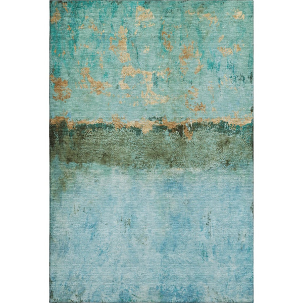 HomeRoots 10' X 14' Teal, Gold, & Olive Green Abstract Area Rug - Washable, UV Protected, & Stain Resistant! 698077