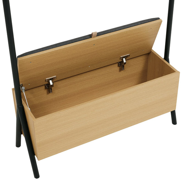 English Elm Paloma 38" Open Hanging Closet with Lift-Top Linen Bench, Light Oak, Black Rod, 2-Seat Storage Elegance B365S00136