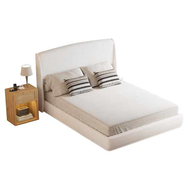 English Elm Upholstered Queen Platform Bed Curved Wingback Linen Headboard Modern Bedroom Frame Beige N733S439498A