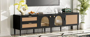 English Elm Rattan Black TV Stand with 3 Cabinets & 2 Rattan Drawers, LED Media Console, Cable Management, 80" N710P206015B