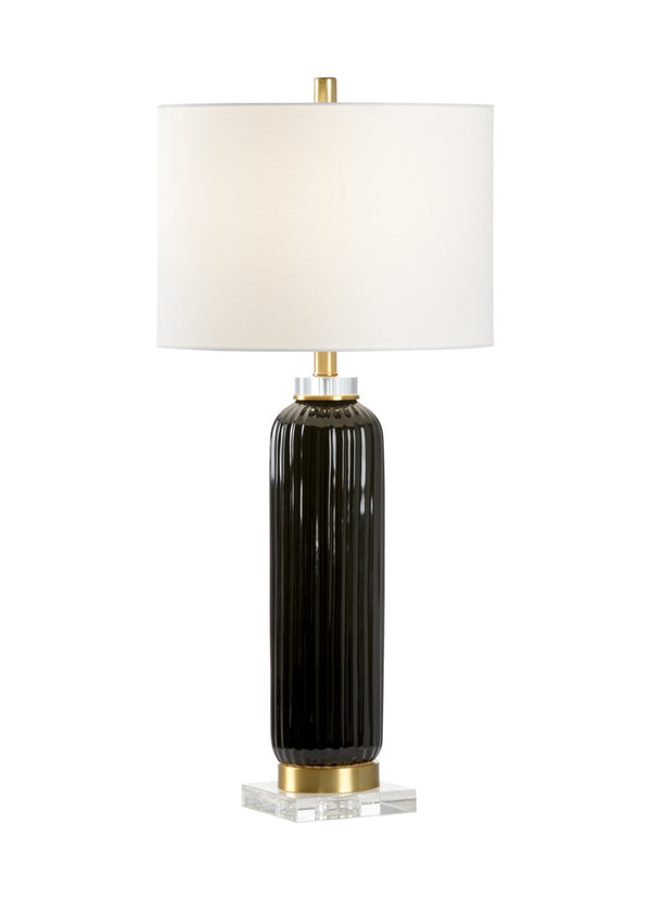 Chelsea House Samuel Ceramic Lamp With Black Fluted Body, Crystal Base & Brass Accents — 31" Linen Shade Ambient Light 69815