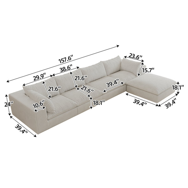 English Elm 157.6"Cloud 157.6" Cloud Sofa - Plush Corduroy Fabric, Modular Design, No Assembly, Perfect For Modern Living Spaces W2824S00101