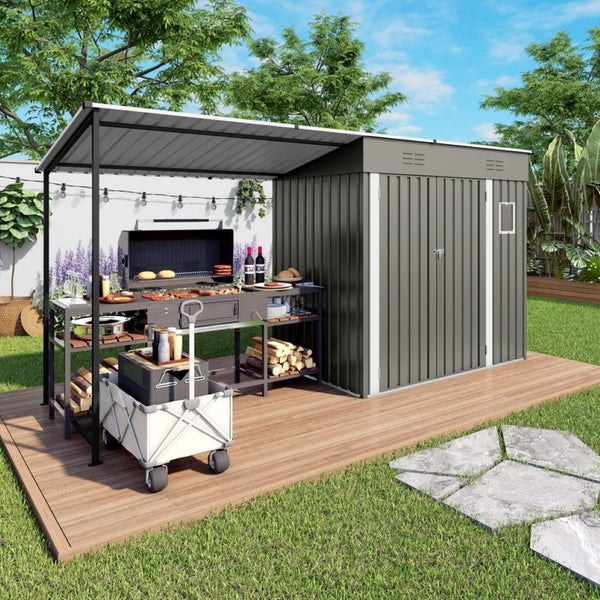 English Elm 12x4ft Steel Lean to Shed with Open Pergola Combo Backyard Storage and Shaded Patio W3213S00011