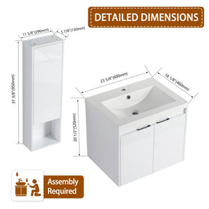 English Elm 24" Modern Wall-Mounted Bathroom Vanity with Resin Sink, Soft-Close Doors, Wall Cabinet, White W999S00418