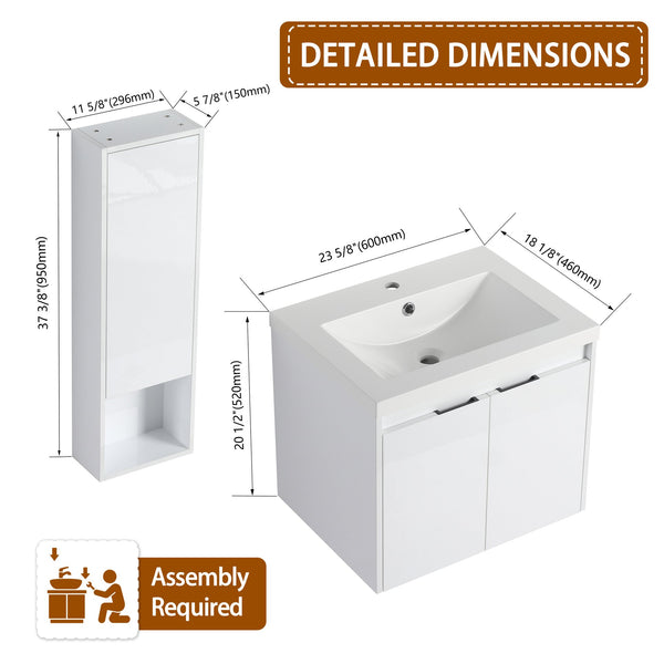 English Elm 24" Modern Wall-Mounted Bathroom Vanity with Resin Sink, Soft-Close Doors, Wall Cabinet, White W999S00418