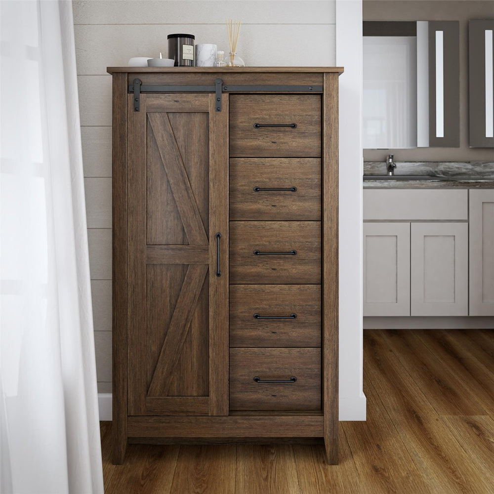 English Elm Alton Farmhouse Chest with Sliding Barn Door Five Drawers and Matte Black Hardware Walnut B2733S00015