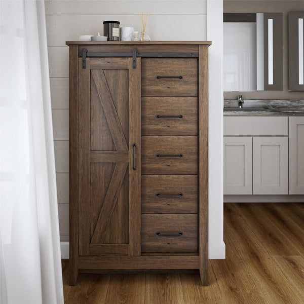 English Elm Alton Farmhouse Chest with Sliding Barn Door Five Drawers and Matte Black Hardware Walnut B2733S00015