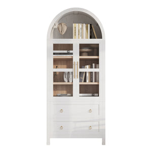 English Elm K&K 71" Arched Kitchen Pantry Cabinet with Glass Doors, Adjustable Shelves, Soft-Close Drawers White N707P288972W