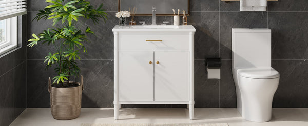English Elm Christopher Knight Home® - 30 Inches Bathroom Vanity With Soft Close Doors, Curved Design, Adjustable Shelf & Elegant Sink N817P299509W