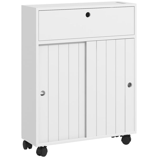 English Elm kleankin Slim Toilet Paper Cabinet on Wheels with Adjustable Shelf, Sliding Doors & Flip Top (White) W2225P229297