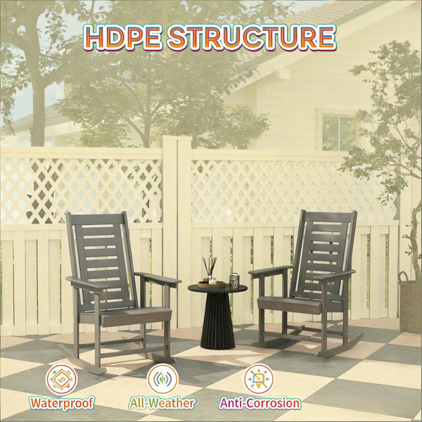 English Elm Black Hdpe Slatted High Back Rocking Chair Set for Porch Patio Deck Outdoor Use Dark Gray T3971P444244
