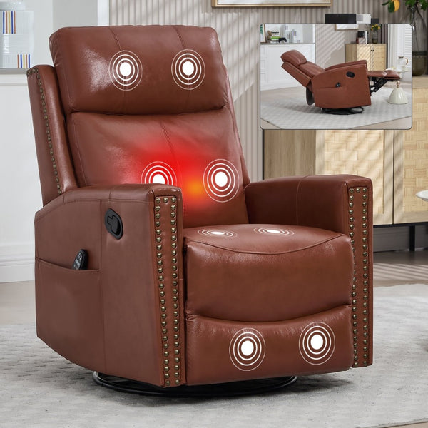 English Elm Red Genuine Leather Swivel Rocker Recliner with Massage Heat for Living Room W1803P323709