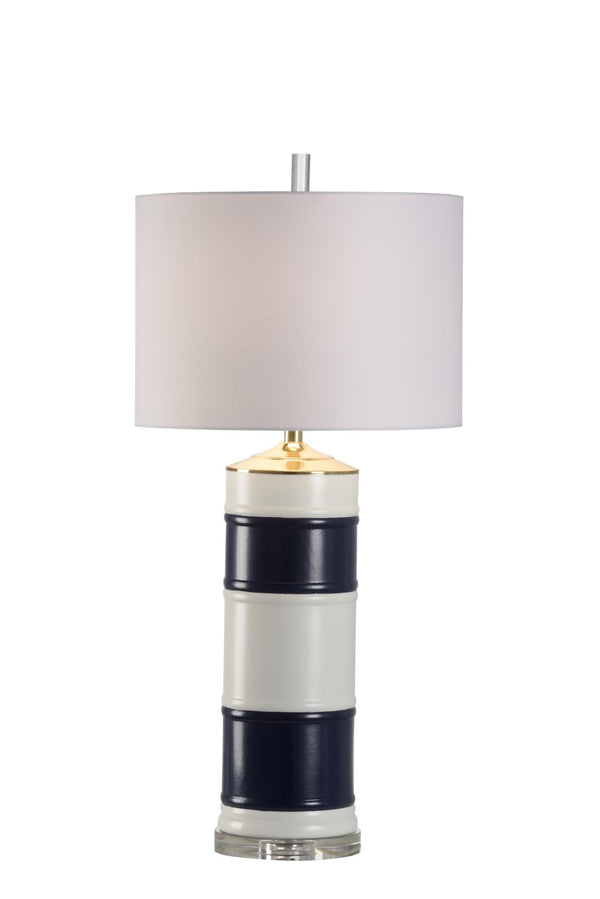 Chelsea House Regatta Lamp By Jamie Merida — Navy & White Ribbed Shade, Clear Crystal Base, Coastal-Transitional Style 69853