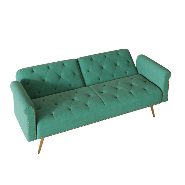English Elm A Velvet 69.7" Sofa Bed with Gold Legs, Nailhead Trim, 2-Seater Convertible Sofa with Pillow Green W3356P298451