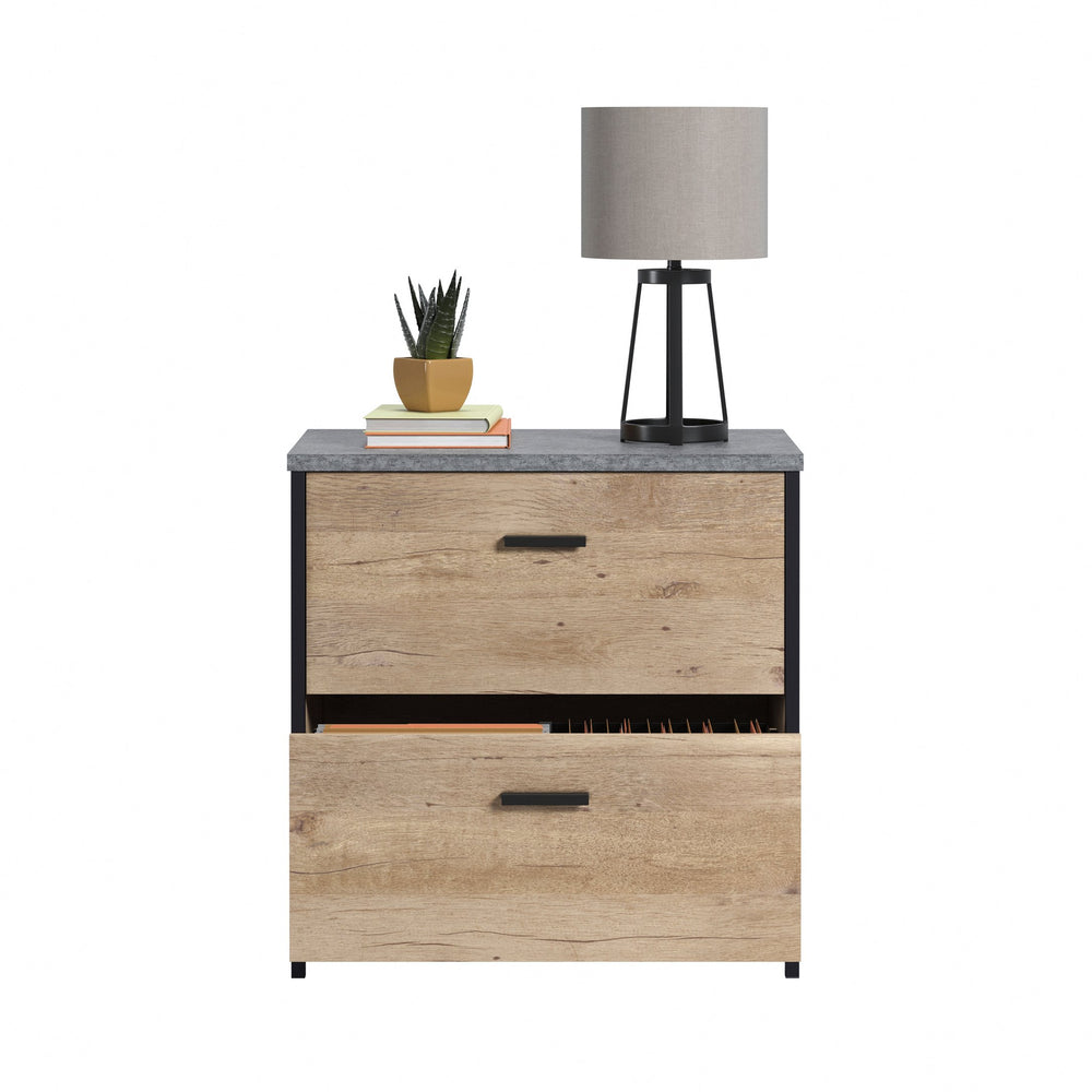 English Elm Lateral File Cabinet With Brown Oak Finish, Full-Extension Drawers For Stylish Home Office Storage B356P367877