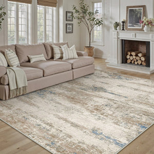 HomeRoots 9' Abstract Area Rug in Blue, Brown & Ivory – Stylish, Washable Design for Modern Homes & Families 9' X 12' 698913