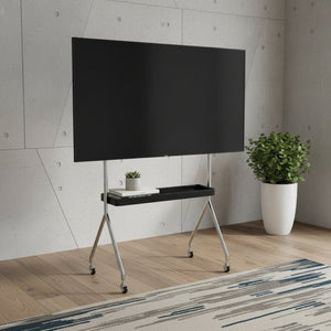 HomeRoots 50" Black and Silver Stainless Steel Mobile TV Stand with Rolling Casters for Modern Living Spaces 698914