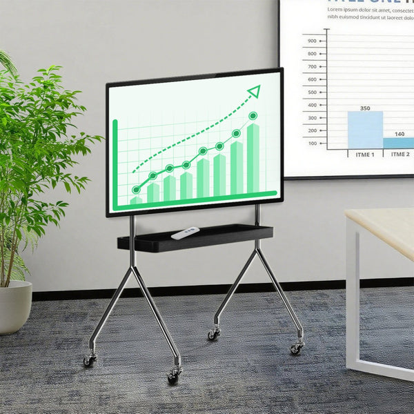 HomeRoots 50" Black and Silver Stainless Steel Mobile TV Stand with Rolling Casters for Modern Living Spaces 698914