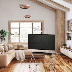 HomeRoots 50" Black and Silver Stainless Steel Mobile TV Stand with Rolling Casters for Modern Living Spaces 698914