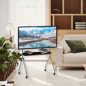 HomeRoots 50" Black and Silver Stainless Steel Mobile TV Stand with Rolling Casters for Modern Living Spaces 698914