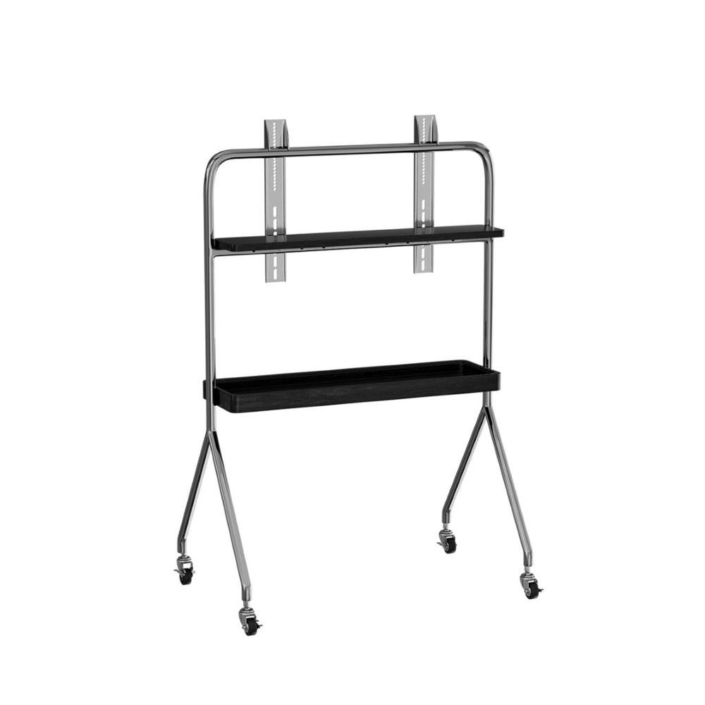 HomeRoots 50" Black and Silver Stainless Steel Mobile TV Stand with Rolling Casters for Modern Living Spaces 698914