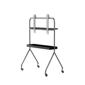 HomeRoots 50" Black and Silver Stainless Steel Mobile TV Stand with Rolling Casters for Modern Living Spaces 698914