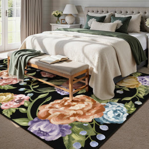HomeRoots 6' Bold Floral Washable Area Rug in Black, Green & Orange – Stain-Resistant, Non-Slip, Durable Design 6' X 9' 698917