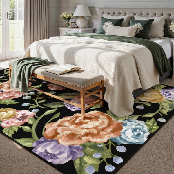 HomeRoots 6' Bold Floral Washable Area Rug in Black, Green & Orange – Stain-Resistant, Non-Slip, Durable Design 6' X 9' 698917