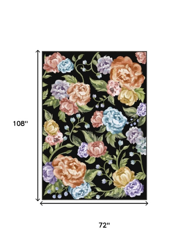 HomeRoots 6' Bold Floral Washable Area Rug in Black, Green & Orange – Stain-Resistant, Non-Slip, Durable Design 6' X 9' 698917