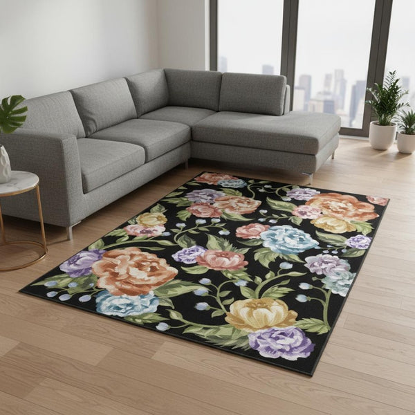 HomeRoots 6' Bold Floral Washable Area Rug in Black, Green & Orange – Stain-Resistant, Non-Slip, Durable Design 8' X 10' 698918