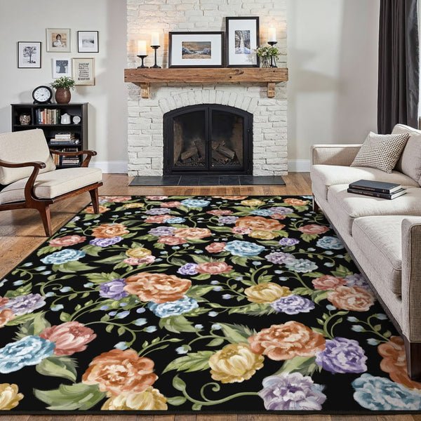 HomeRoots 6' Bold Floral Washable Area Rug in Black, Green & Orange – Stain-Resistant, Non-Slip, Durable Design 8' X 10' 698918