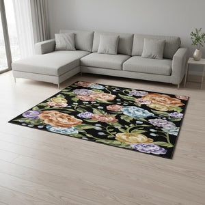 HomeRoots 9' Bold Floral Area Rug in Black, Green, and Orange - Washable, Stain-Resistant, and Non-Slip! 9' X 12' 698919