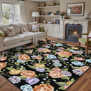 HomeRoots 9' Bold Floral Area Rug in Black, Green, and Orange - Washable, Stain-Resistant, and Non-Slip! 9' X 12' 698919