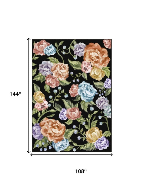 HomeRoots 9' Bold Floral Area Rug in Black, Green, and Orange - Washable, Stain-Resistant, and Non-Slip! 9' X 12' 698919