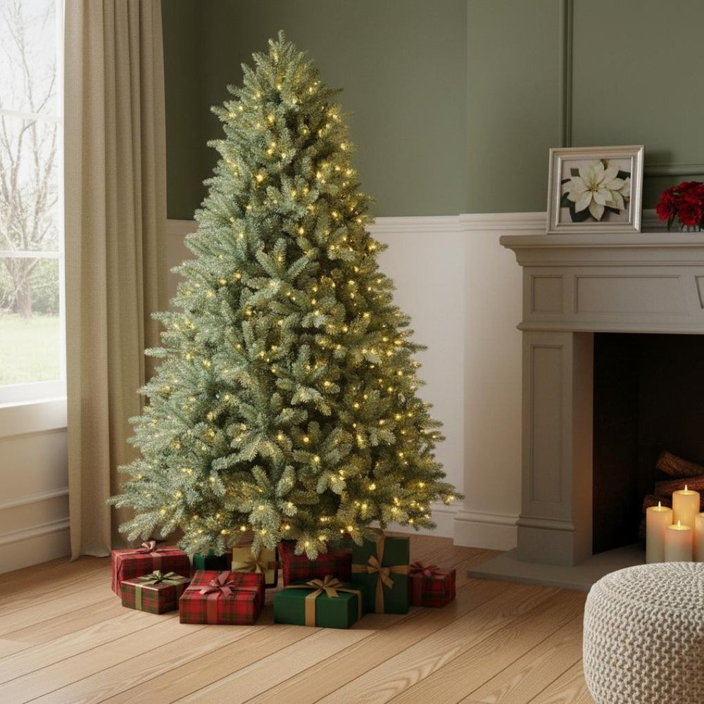 HomeRoots 9' Pre-Lit Full Spruce Christmas Tree - Luxurious Realistic Design with LED Lights for Festive Charm 698926
