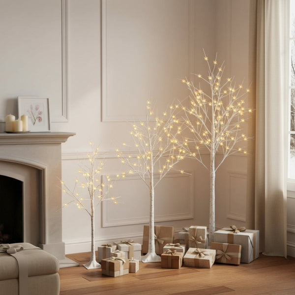 HomeRoots Set of Three Pre-Lit White Birch Trees - Elegant Warm LED Display for Home Décor & Events 698929