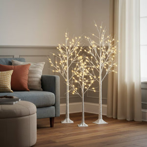 HomeRoots Set of Three Pre-Lit White Birch Trees - Elegant Warm LED Display for Home Décor & Events 698929