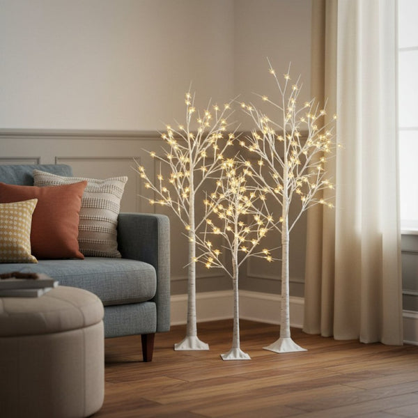 HomeRoots Set of Three Pre-Lit White Birch Trees - Elegant Warm LED Display for Home Décor & Events 698929