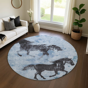 HomeRoots 8' Stylish Denim Blue & Charcoal Animal Print Round Rug - Washable, UV Protected, Pet-Friendly Design 698959